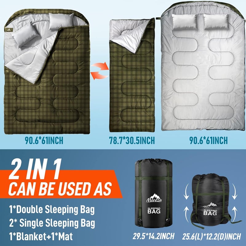 Mereza Double Sleeping Bag for Adults Mens with Pillow, XL Queen Size Two Person Sleeping Bag for All Season Camping Hiking Backpacking 2 Person Sleeping Bags for Cold Weather & Warm - Image 5